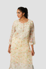 Aadya Chikankari Georgette Floral Printed Kurta  – Off White