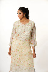 Aadya Chikankari Georgette Floral Printed Kurta  – Off White