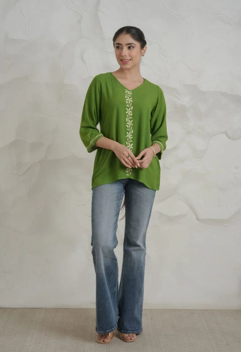 Sahiba Luxury Rayon Green Chikankari Top