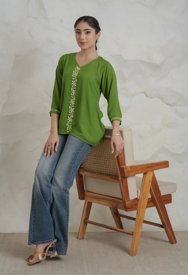 Sahiba Luxury Rayon Green Chikankari Top