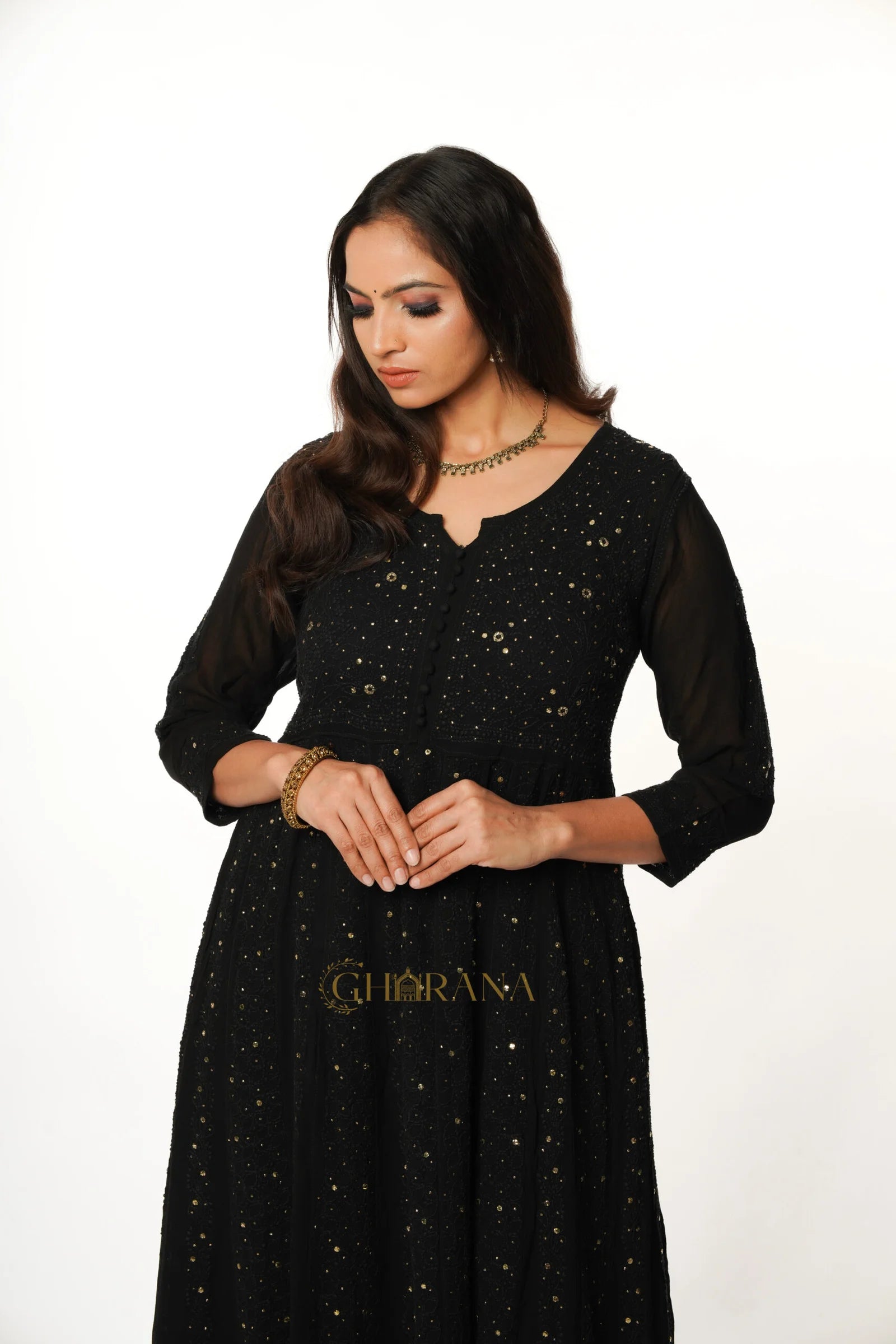 Kiara Georgette 4PC Chikankari Anarkali Kurta Set with Mukaish Work