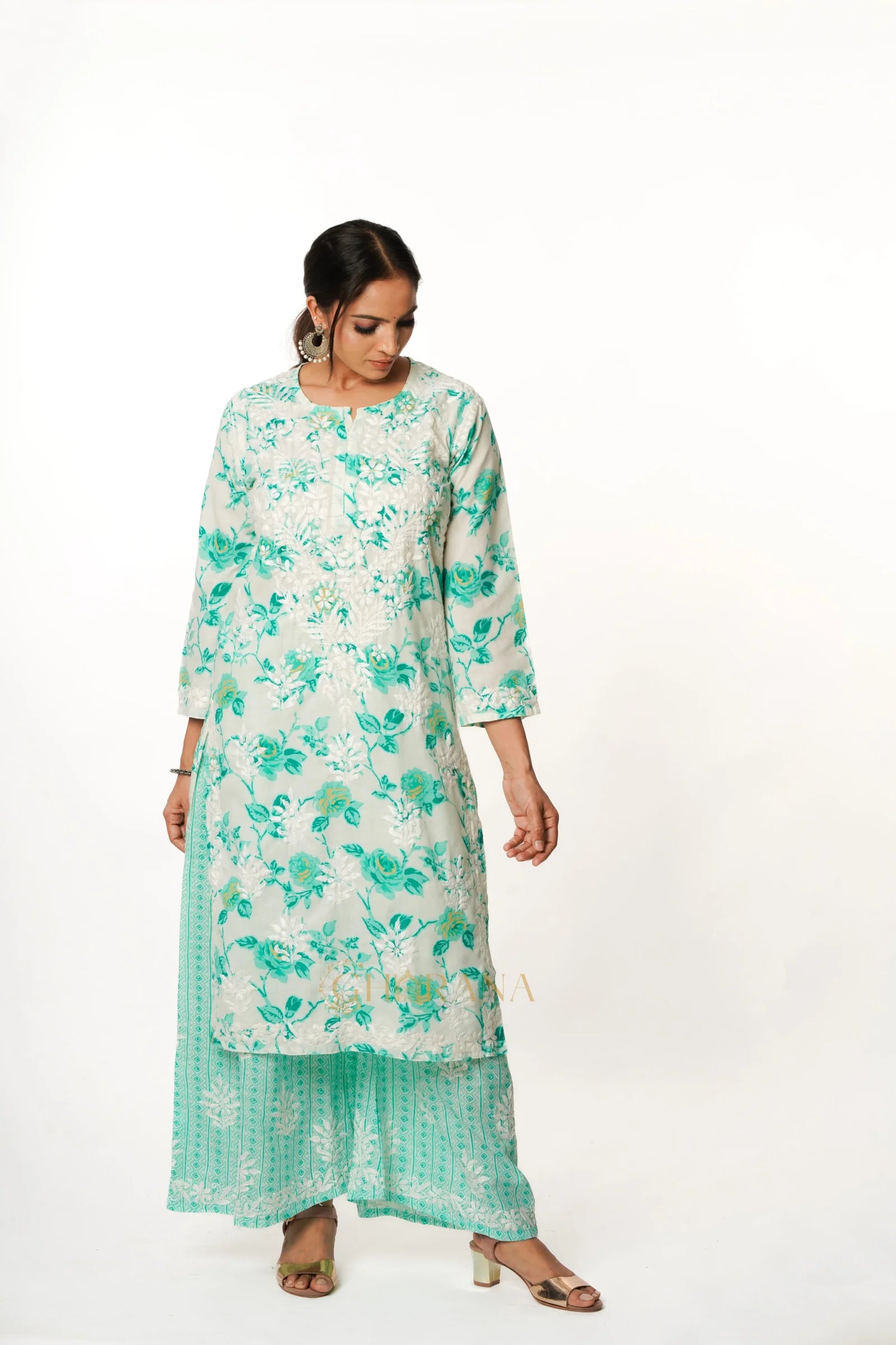 Premium Mulmul Chikankari Printed Co ord Kurta Set