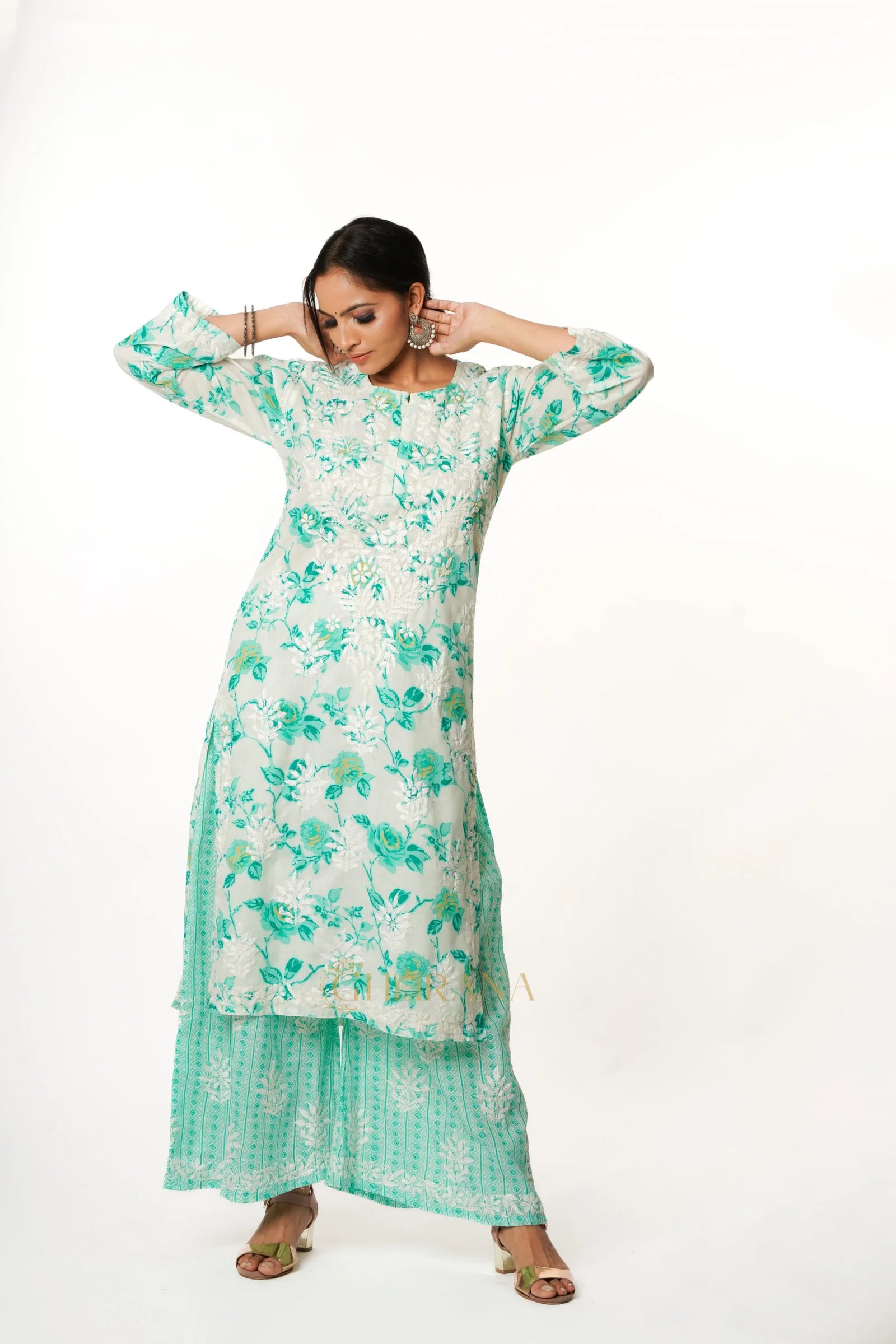 Premium Mulmul Chikankari Printed Co ord Kurta Set