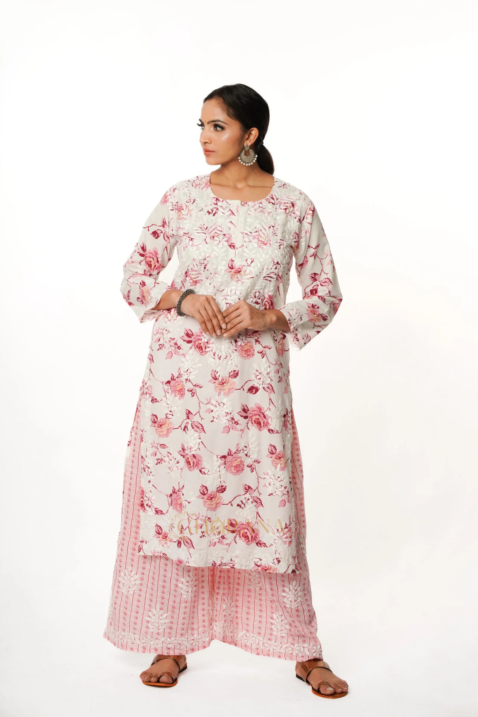 Premium Mulmul Chikankari Printed Co ord Kurta Set – Pink