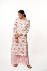 Premium Mulmul Chikankari Printed Co ord Kurta Set – Pink