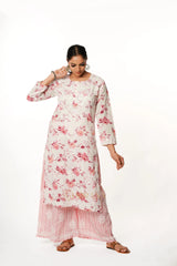 Premium Mulmul Chikankari Printed Co ord Kurta Set – Pink