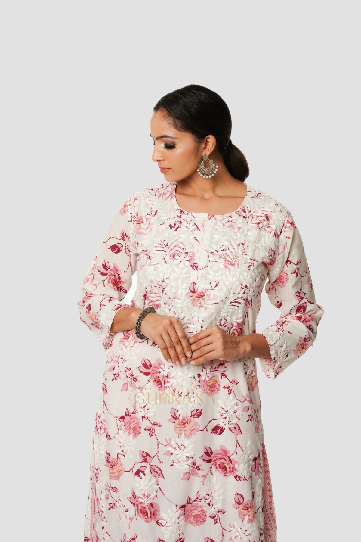 Premium Mulmul Chikankari Printed Co ord Kurta Set – Pink