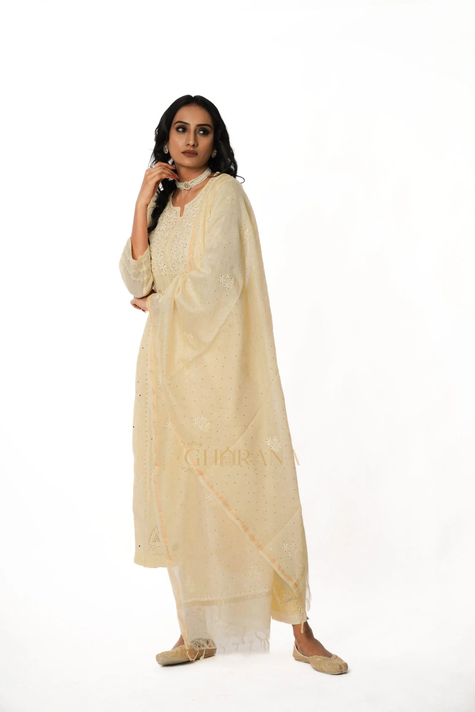 Premium MulChanderi Chikankari Kurta set with embroidered Pant and Dupatta
