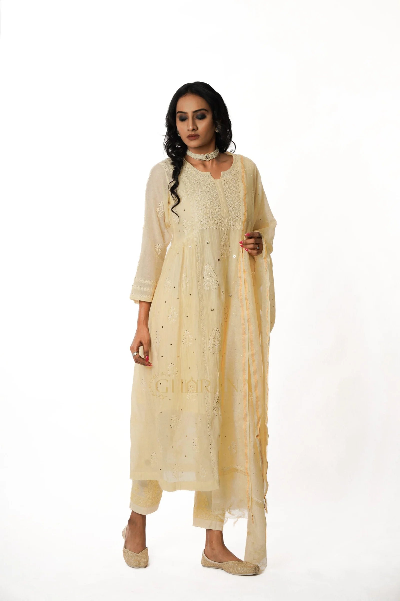 Premium MulChanderi Chikankari Kurta set with embroidered Pant and Dupatta