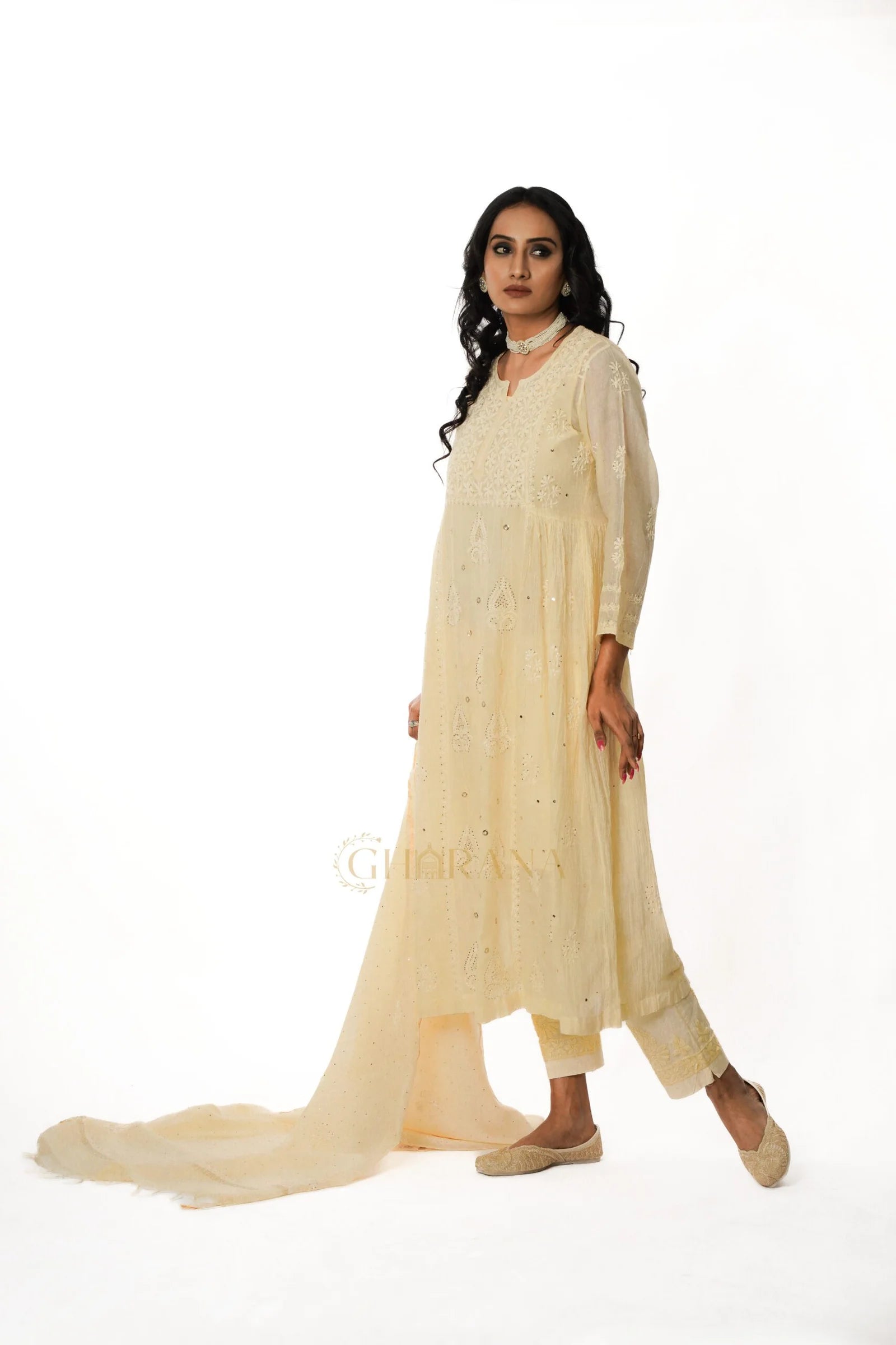 Premium MulChanderi Chikankari Kurta set with embroidered Pant and Dupatta