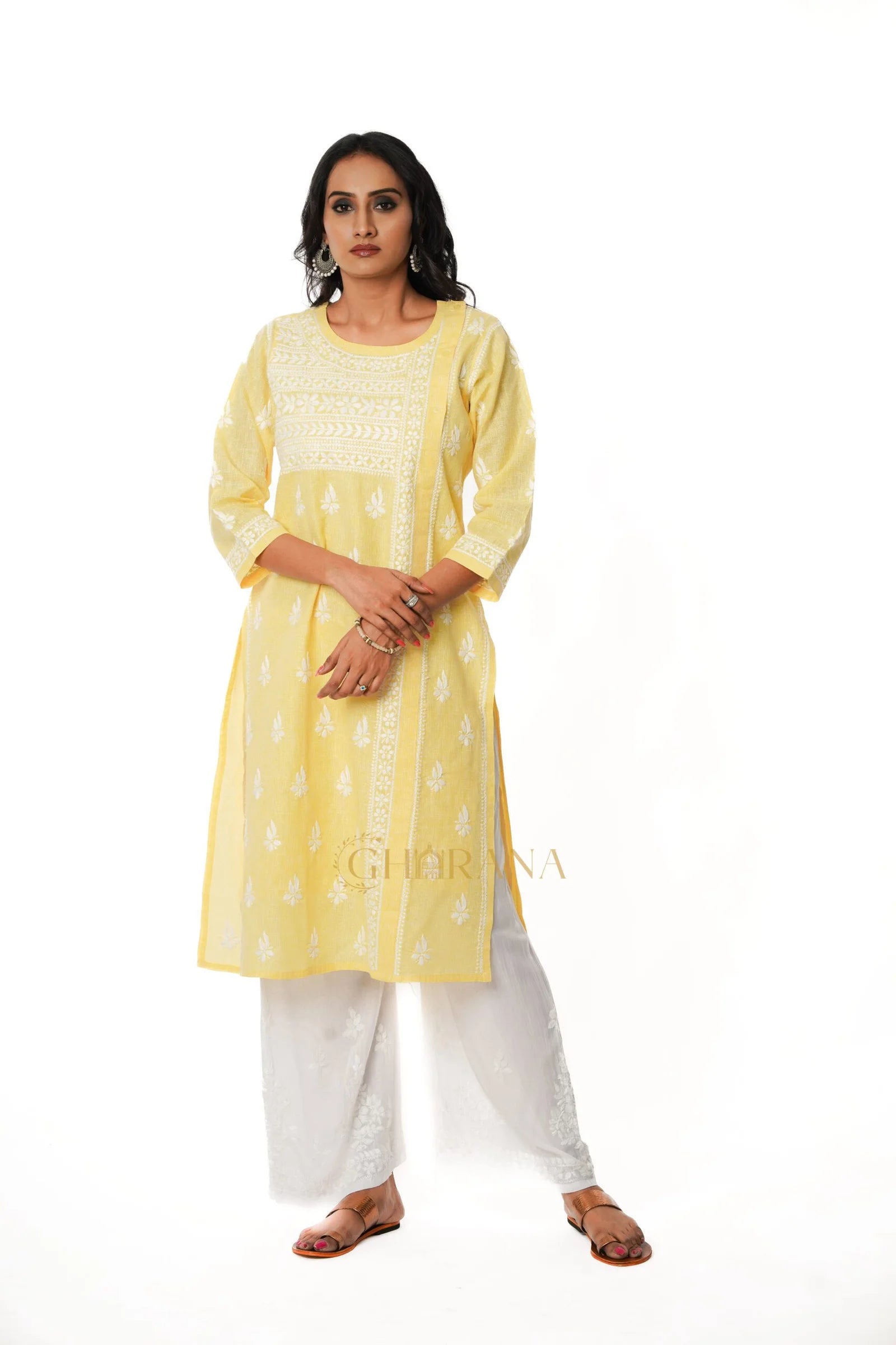 Chikankari Pure Linen Angrakha Kurta – Yellow