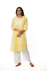 Chikankari Pure Linen Angrakha Kurta – Yellow