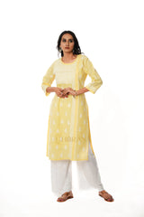 Chikankari Pure Linen Angrakha Kurta – Yellow