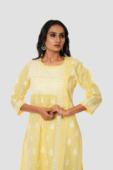 Chikankari Pure Linen Angrakha Kurta – Yellow