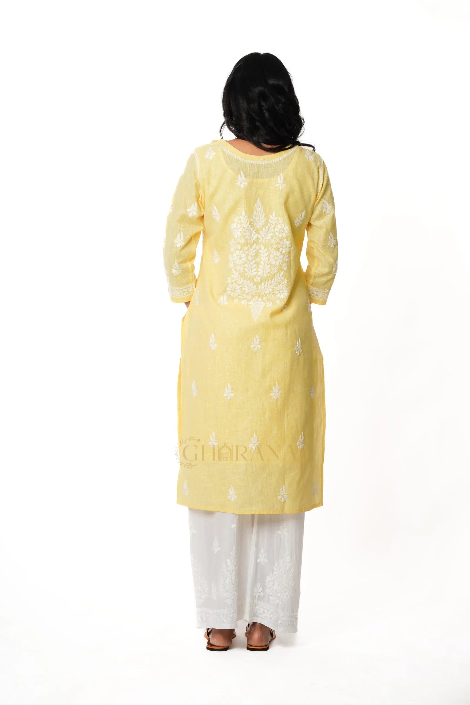 Chikankari Pure Linen Angrakha Kurta – Yellow