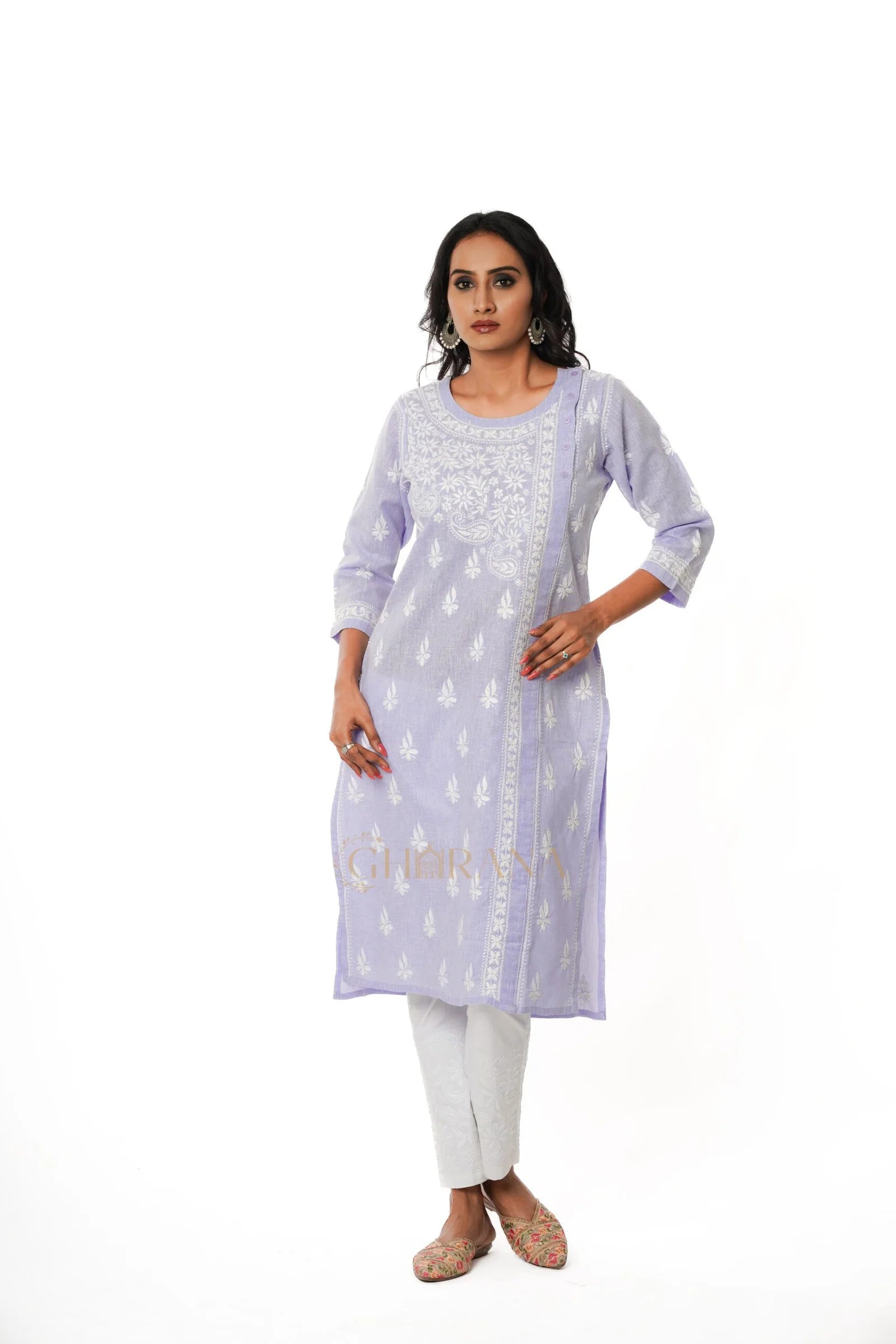 Chikankari Pure Linen Angrakha Kurta – Light Purple