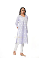 Chikankari Pure Linen Angrakha Kurta – Light Purple
