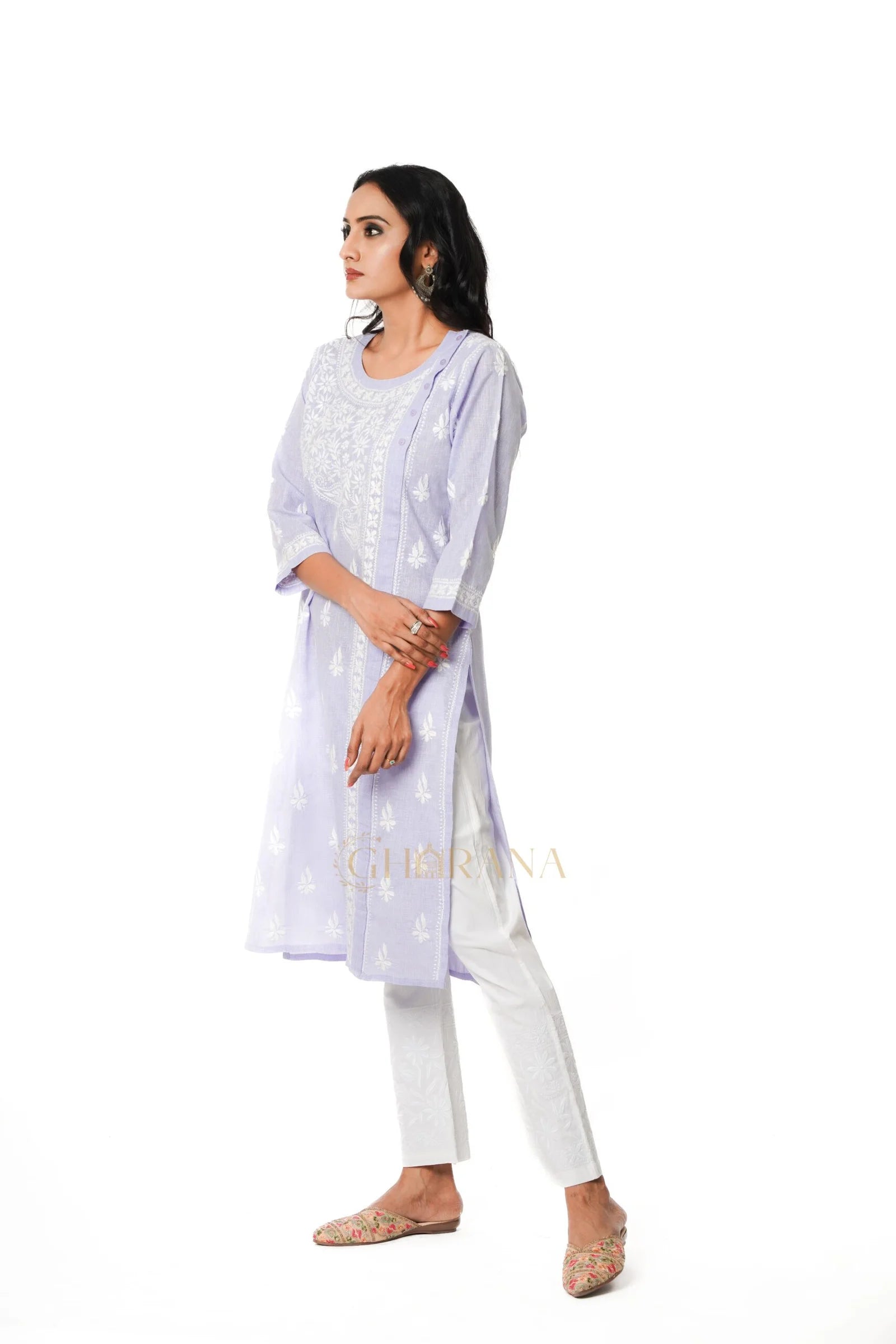 Chikankari Pure Linen Angrakha Kurta – Light Purple
