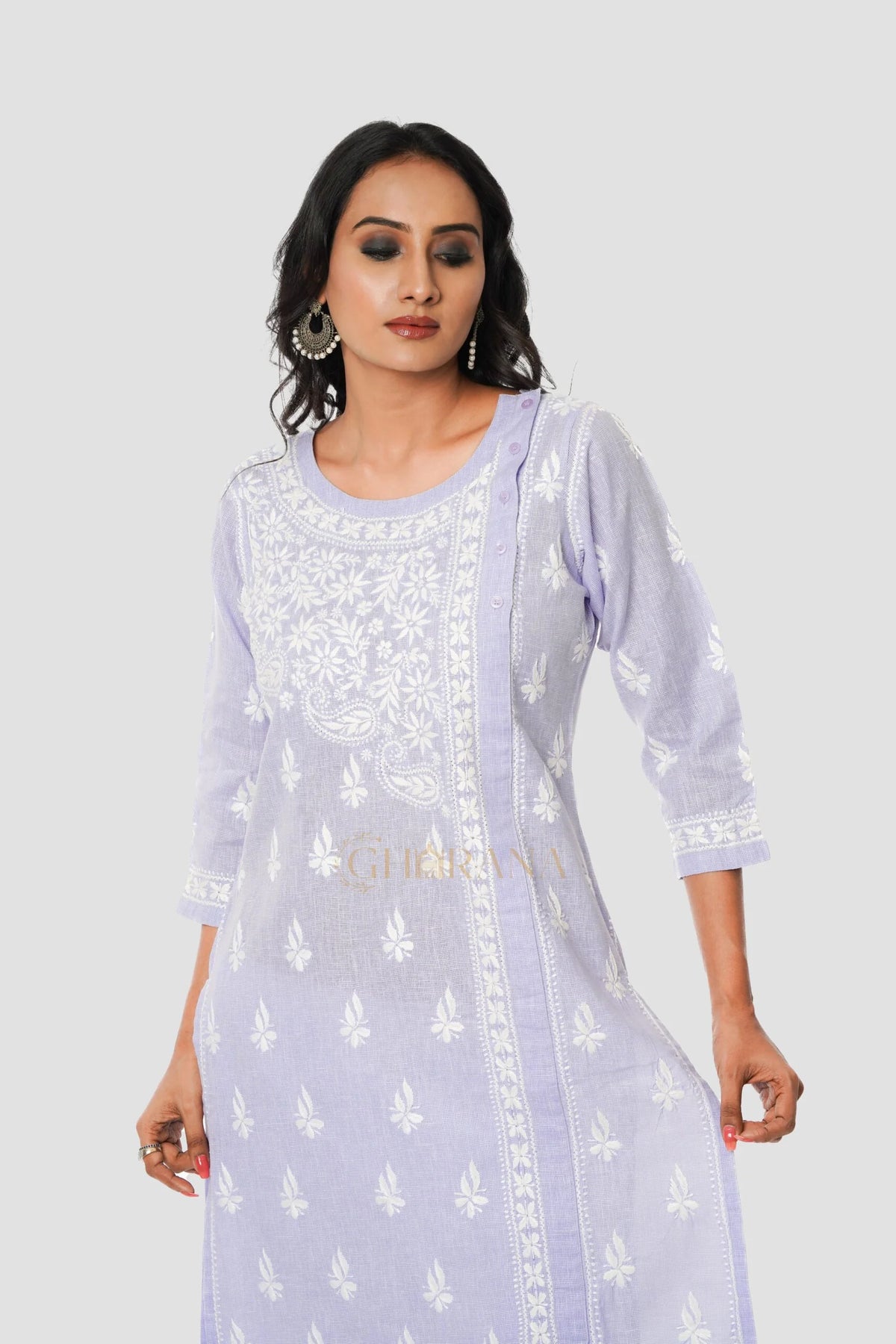 Chikankari Pure Linen Angrakha Kurta – Light Purple