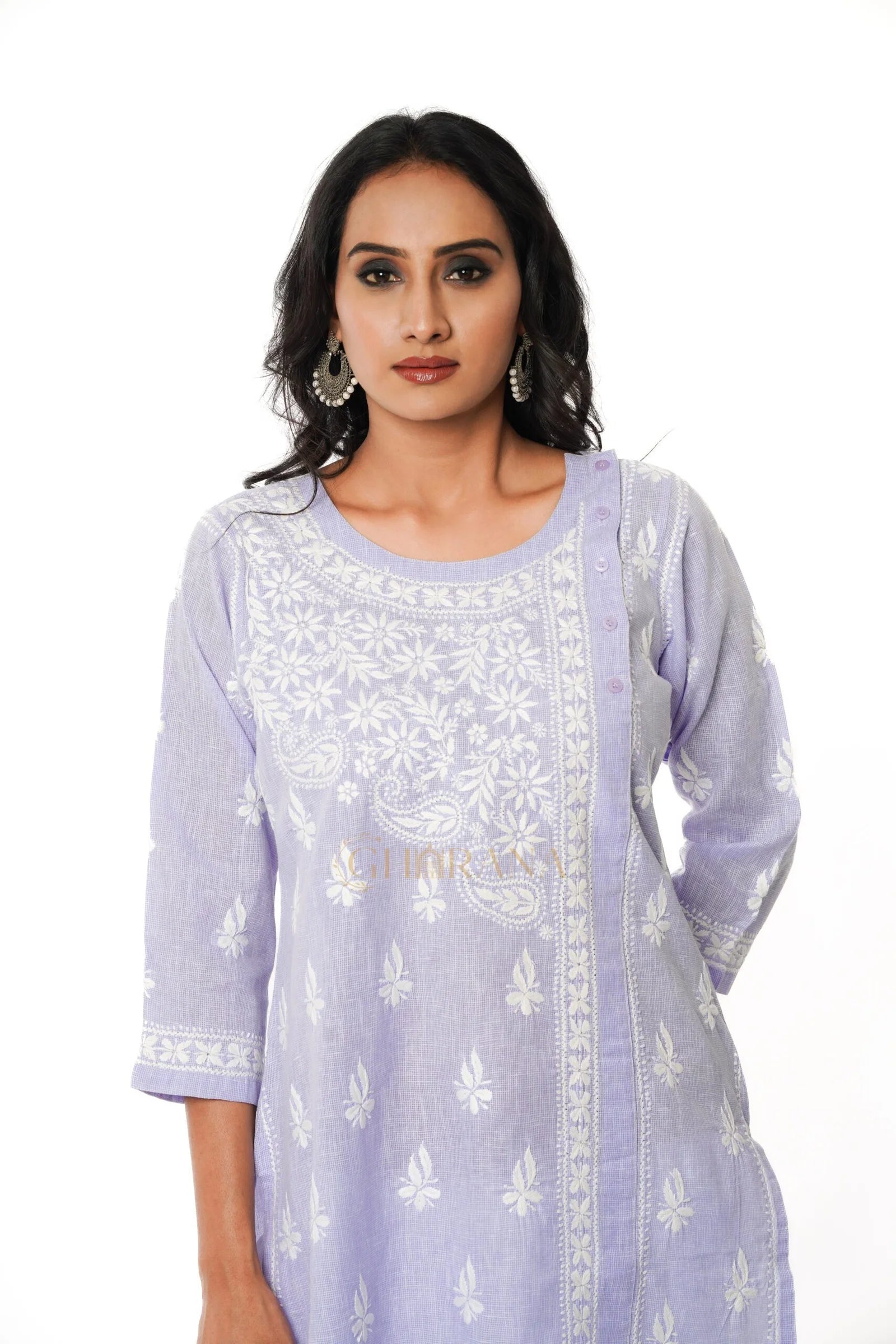 Chikankari Pure Linen Angrakha Kurta – Light Purple