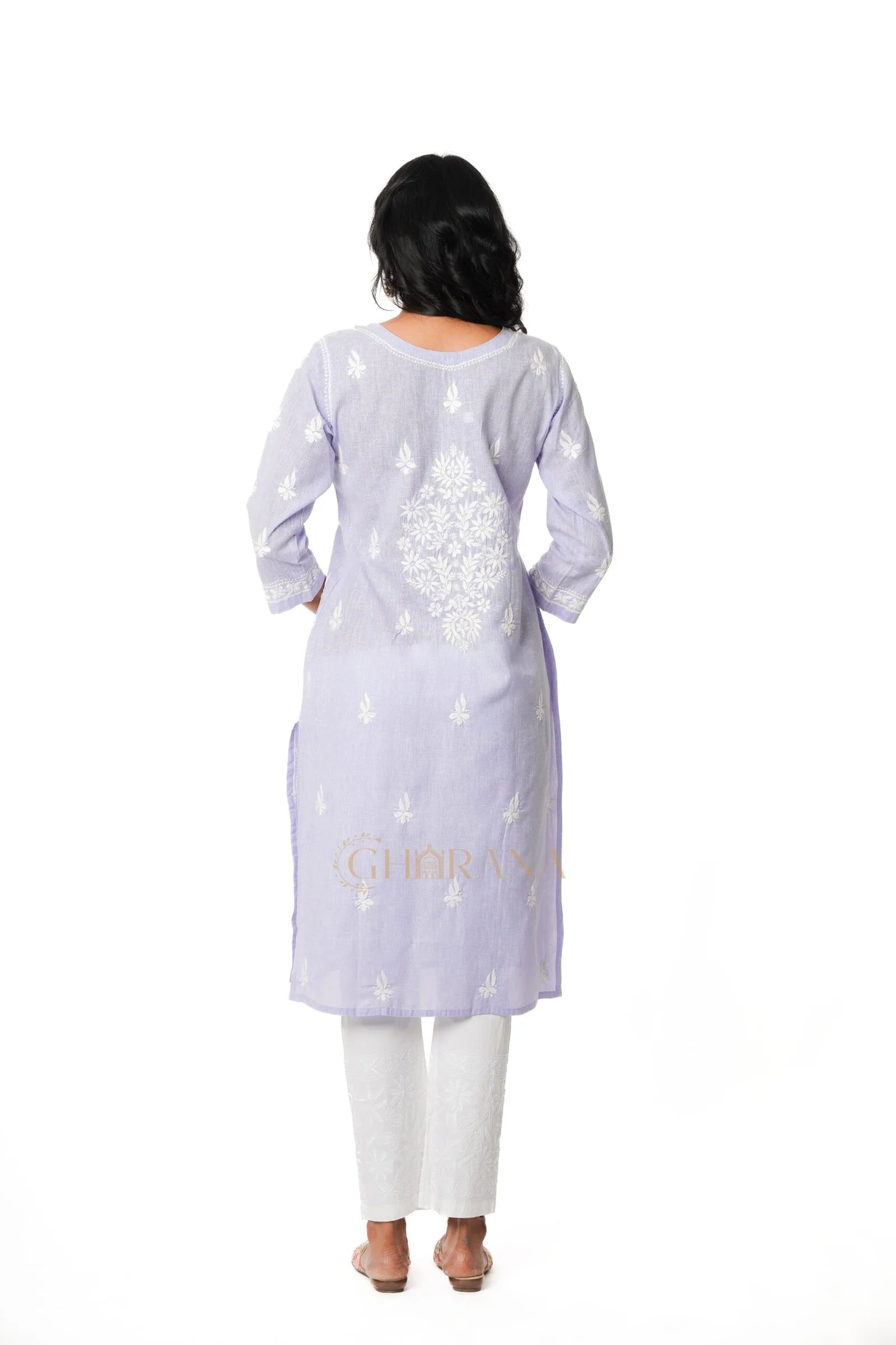 Chikankari Pure Linen Angrakha Kurta – Light Purple