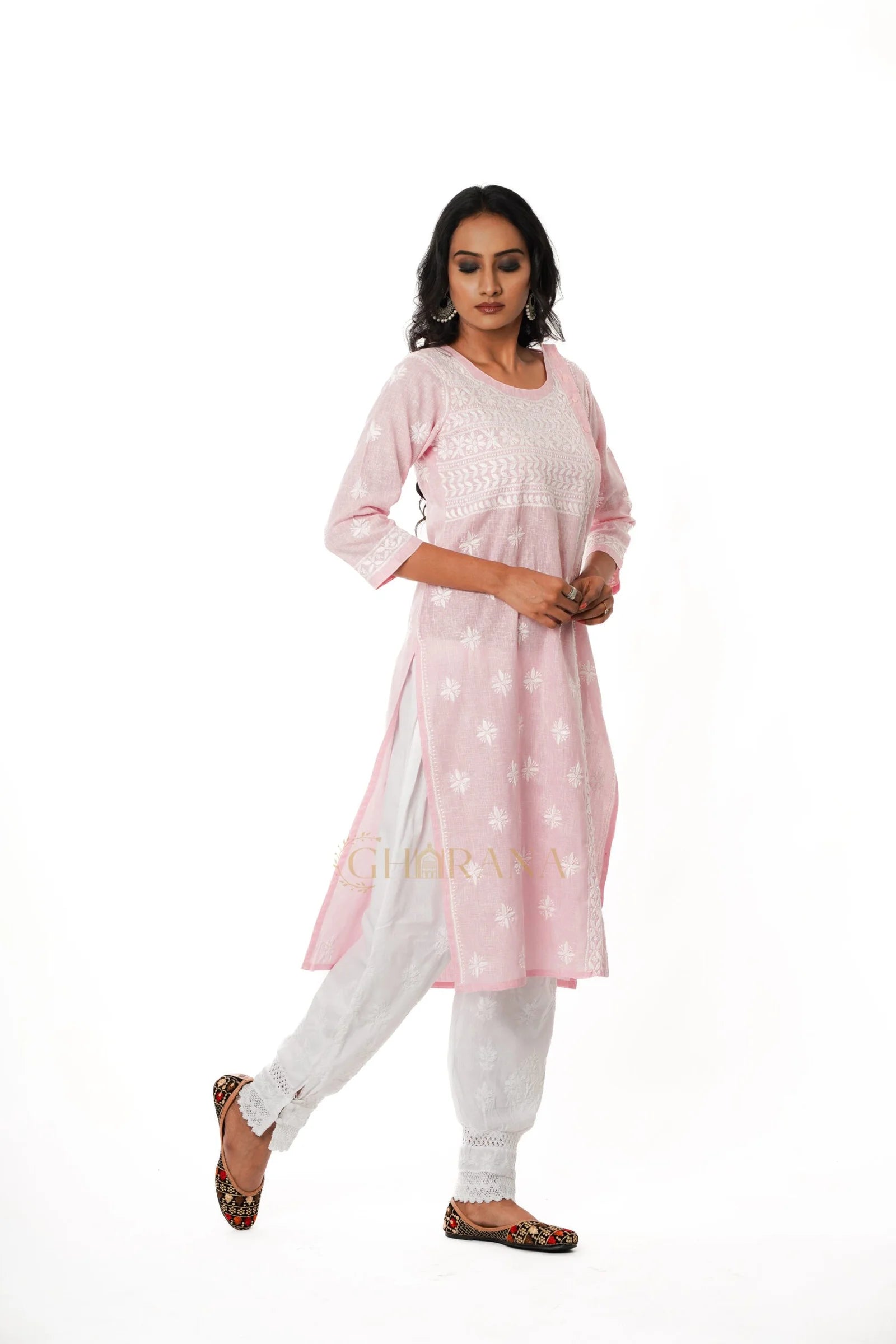 Chikankari Pure Linen Angrakha Kurta