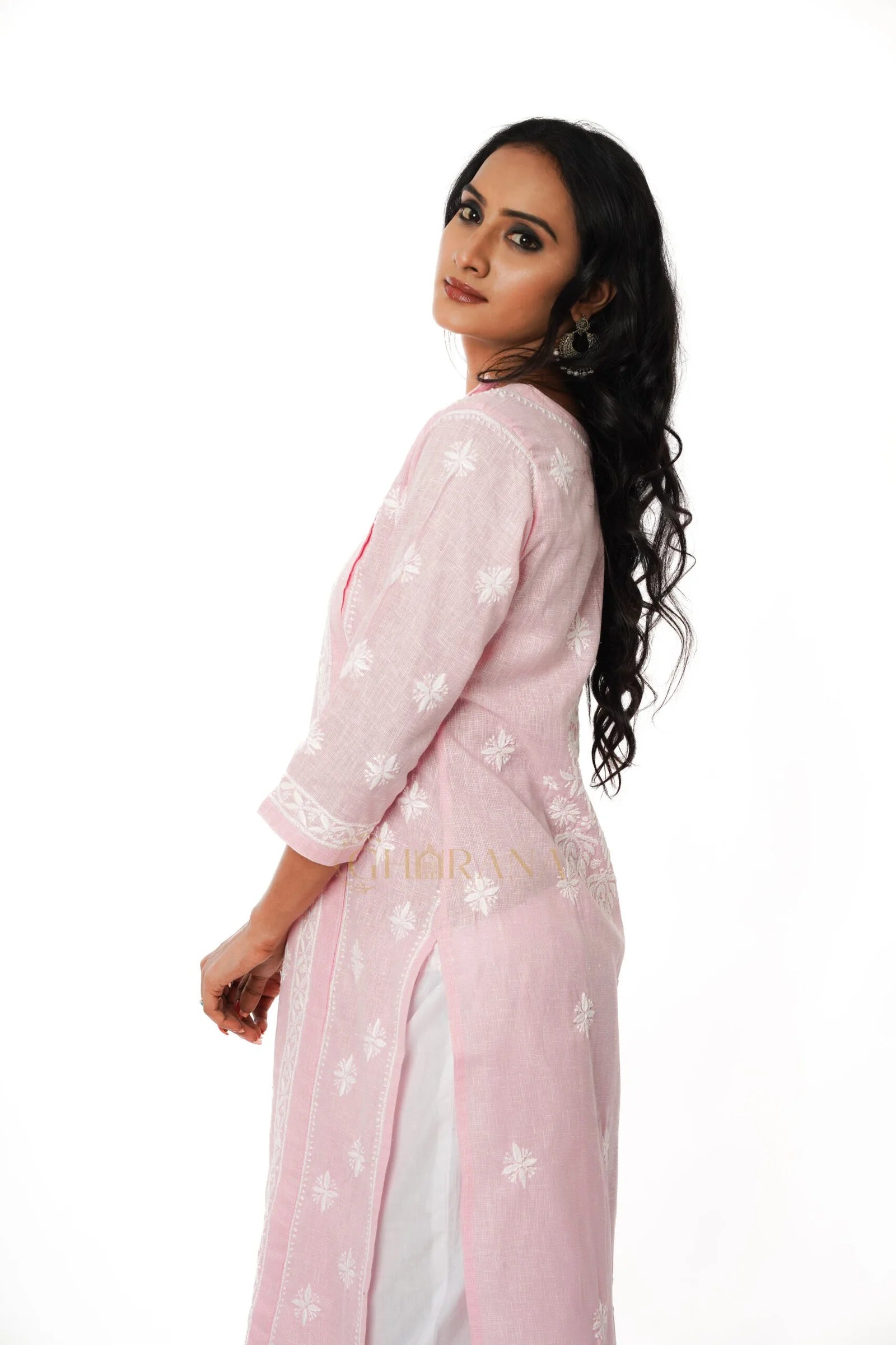 Chikankari Pure Linen Angrakha Kurta
