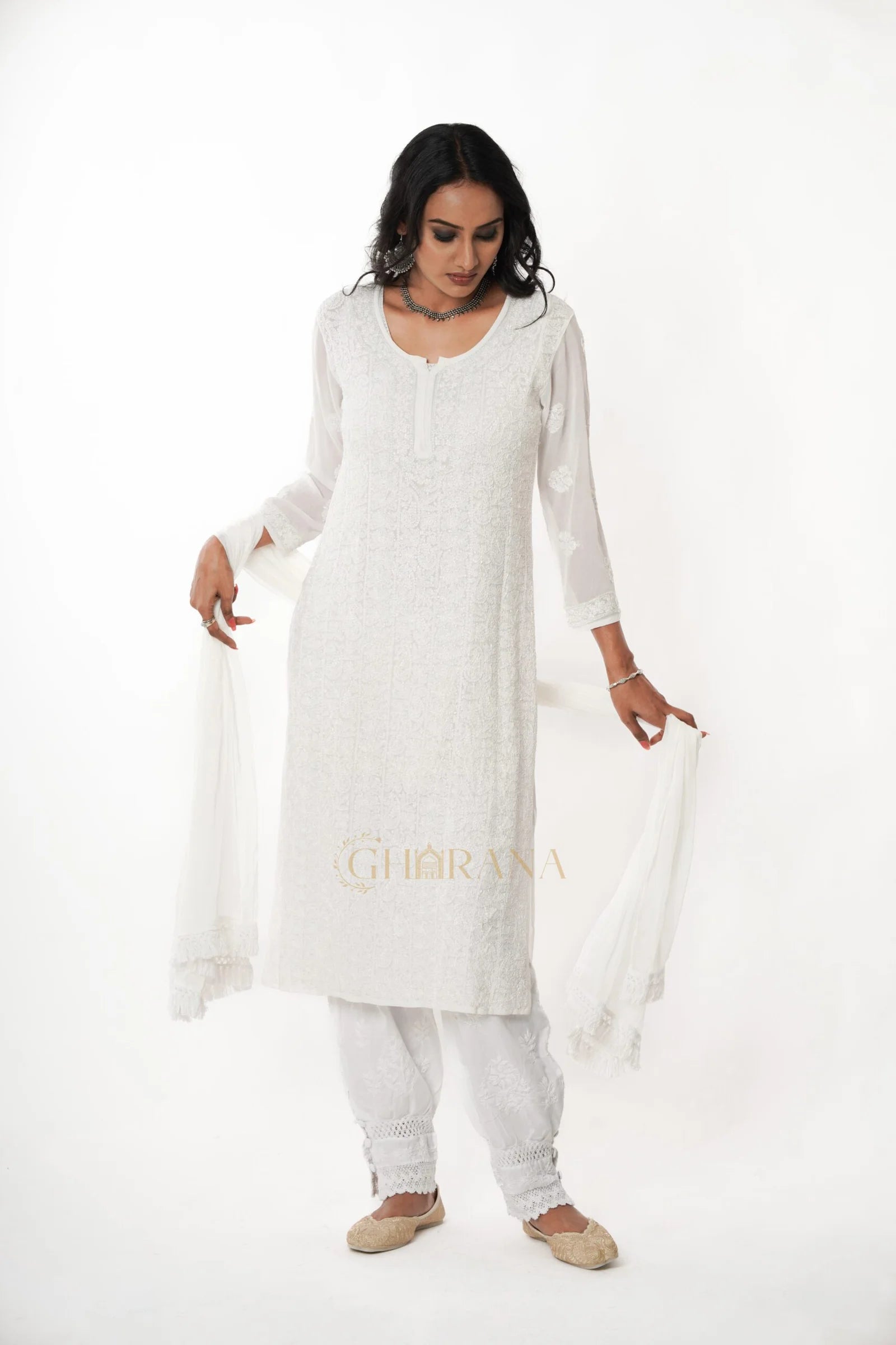Kiara Georgette Chikankari Kurta in resham jaal and pastel Katdana
