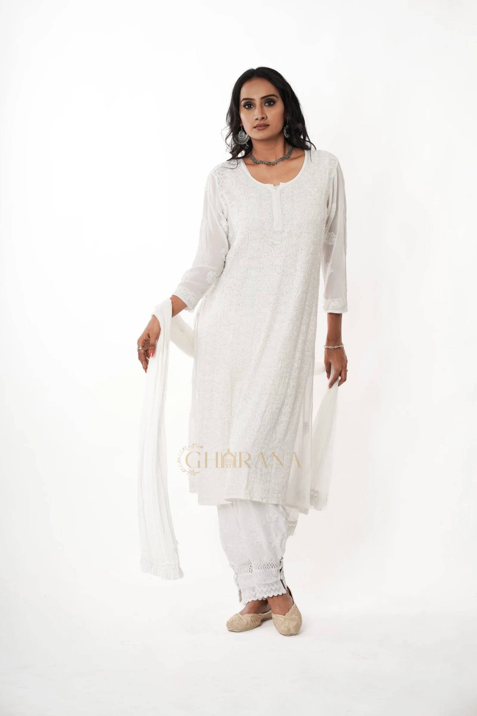 Kiara Georgette Chikankari Kurta in resham jaal and pastel Katdana