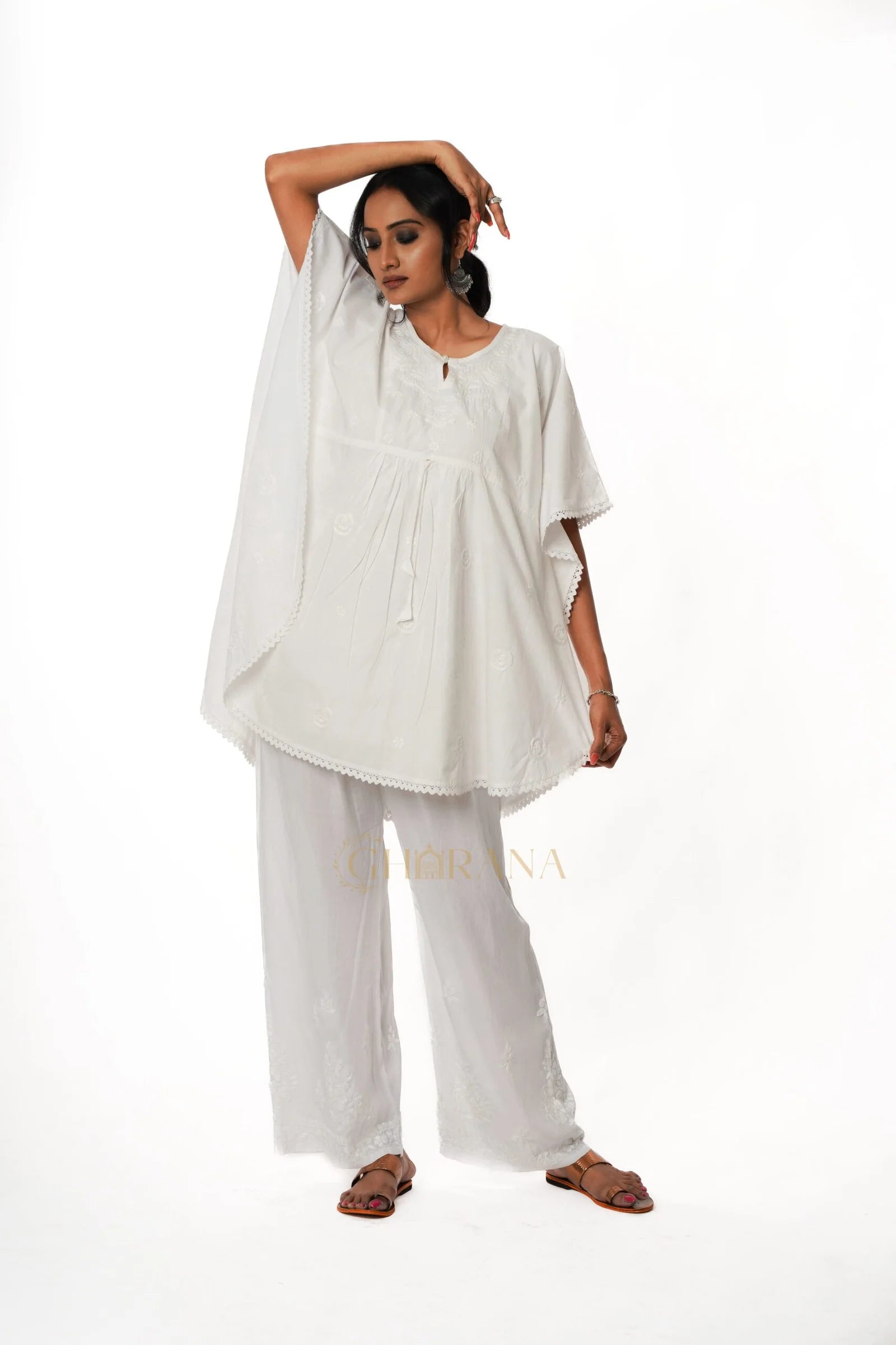 Cotton Chikankari Kaftan – White
