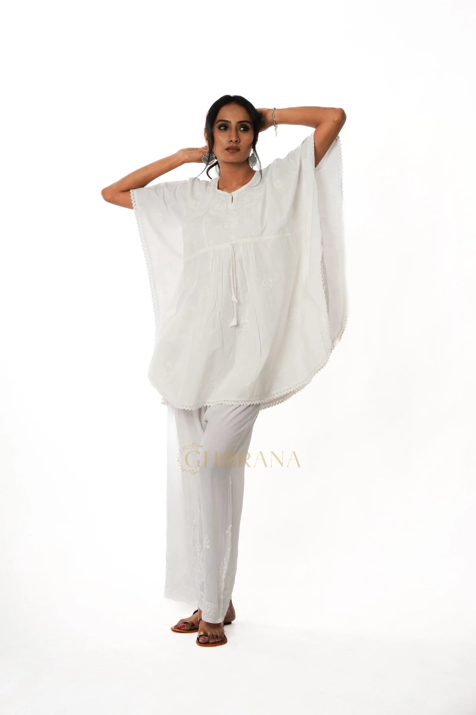 Cotton Chikankari Kaftan – White