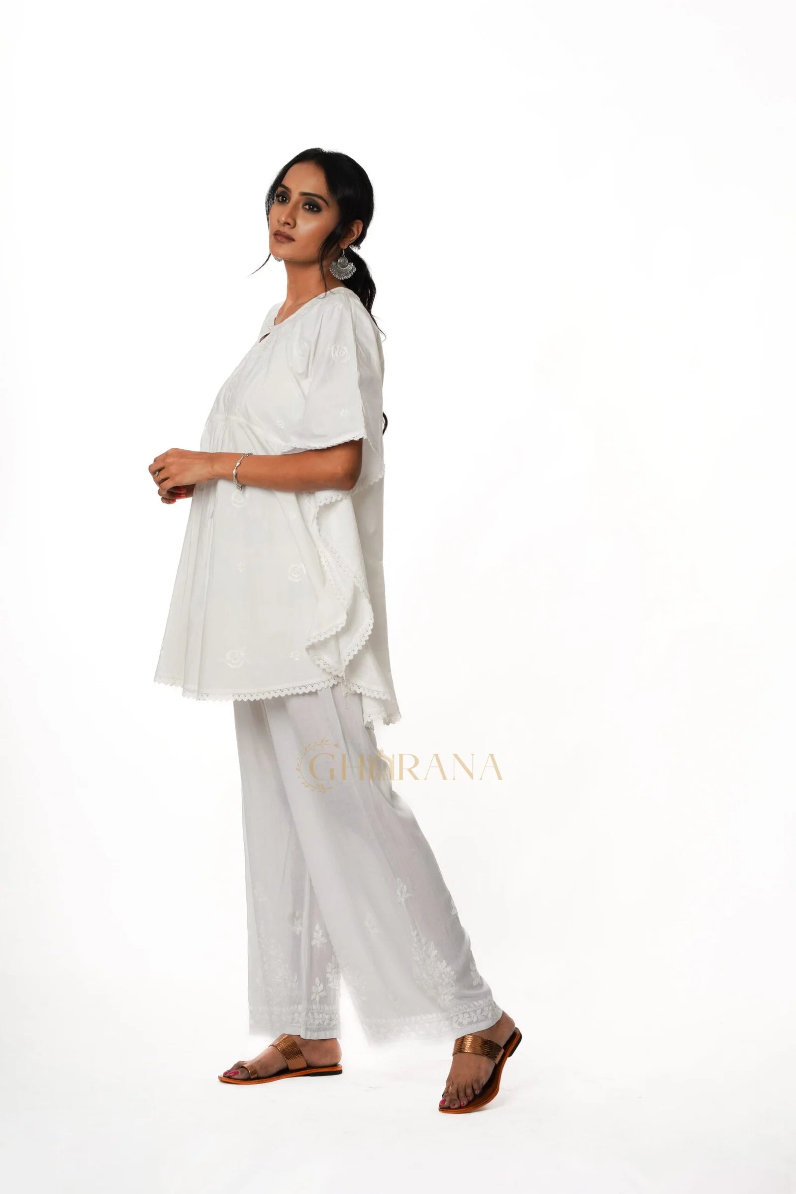 Cotton Chikankari Kaftan – White