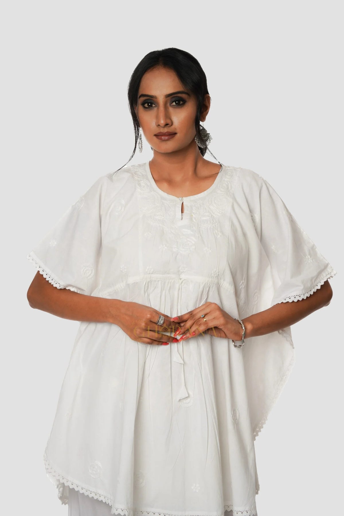 Cotton Chikankari Kaftan – White