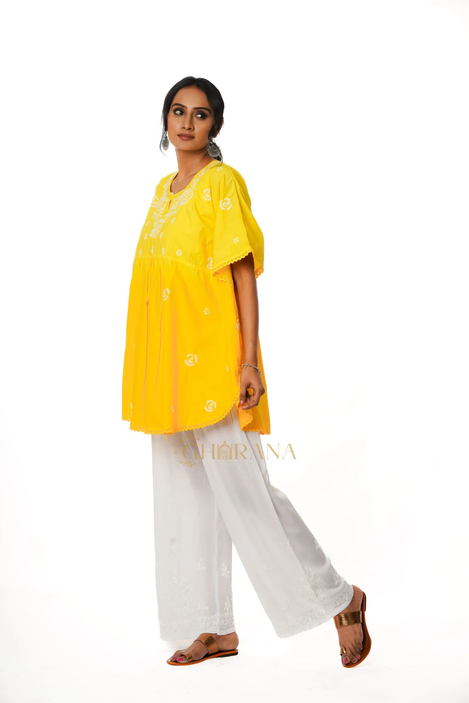 Cotton Chikankari Kaftan – Yellow