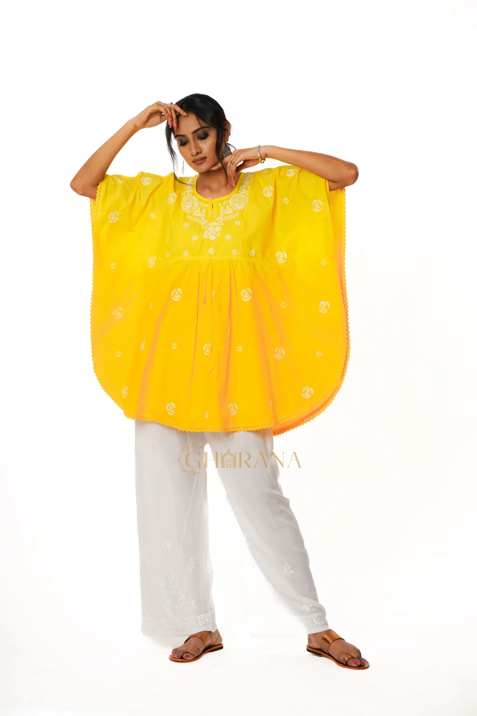 Cotton Chikankari Kaftan – Yellow