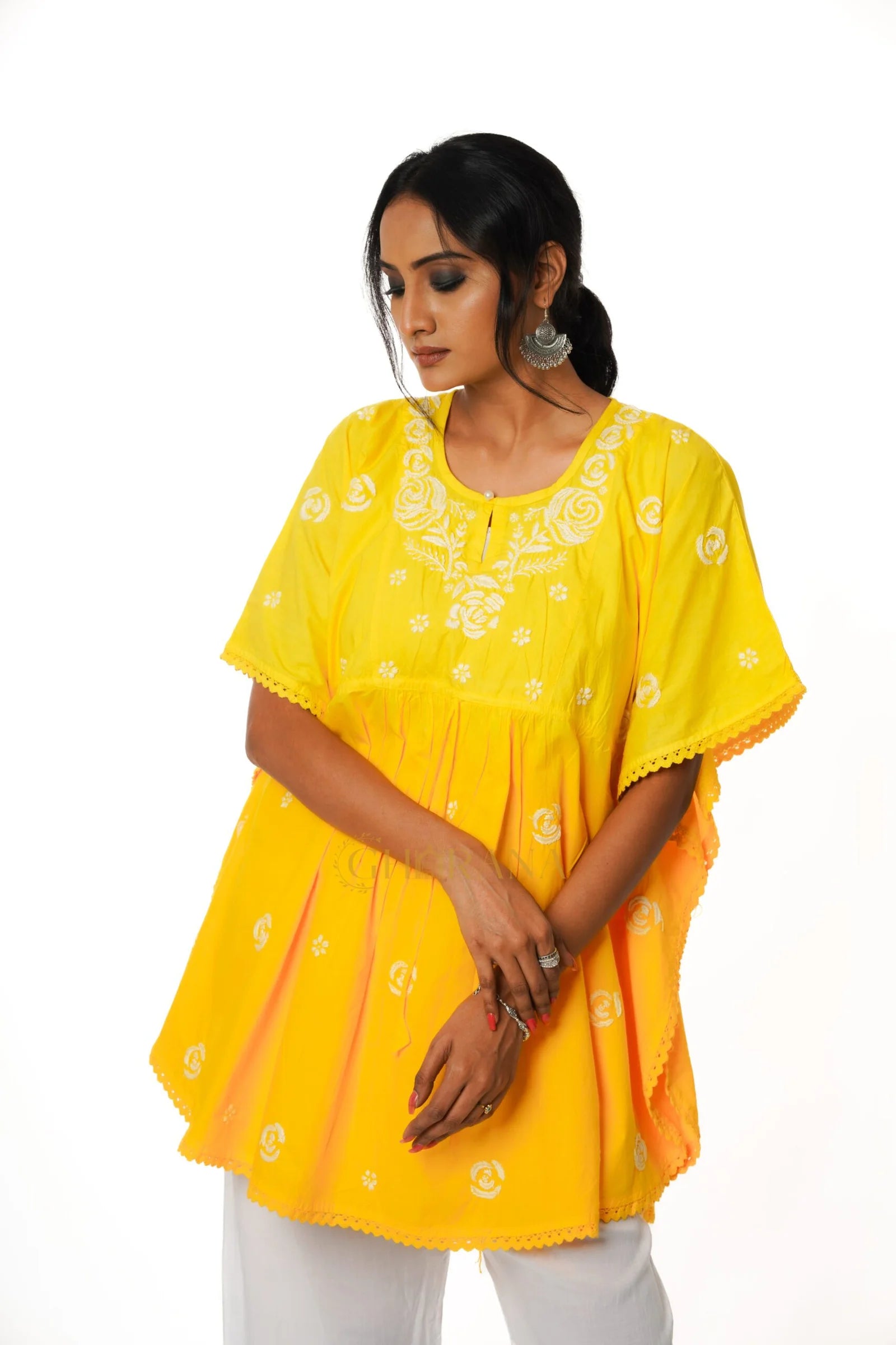 Cotton Chikankari Kaftan – Yellow