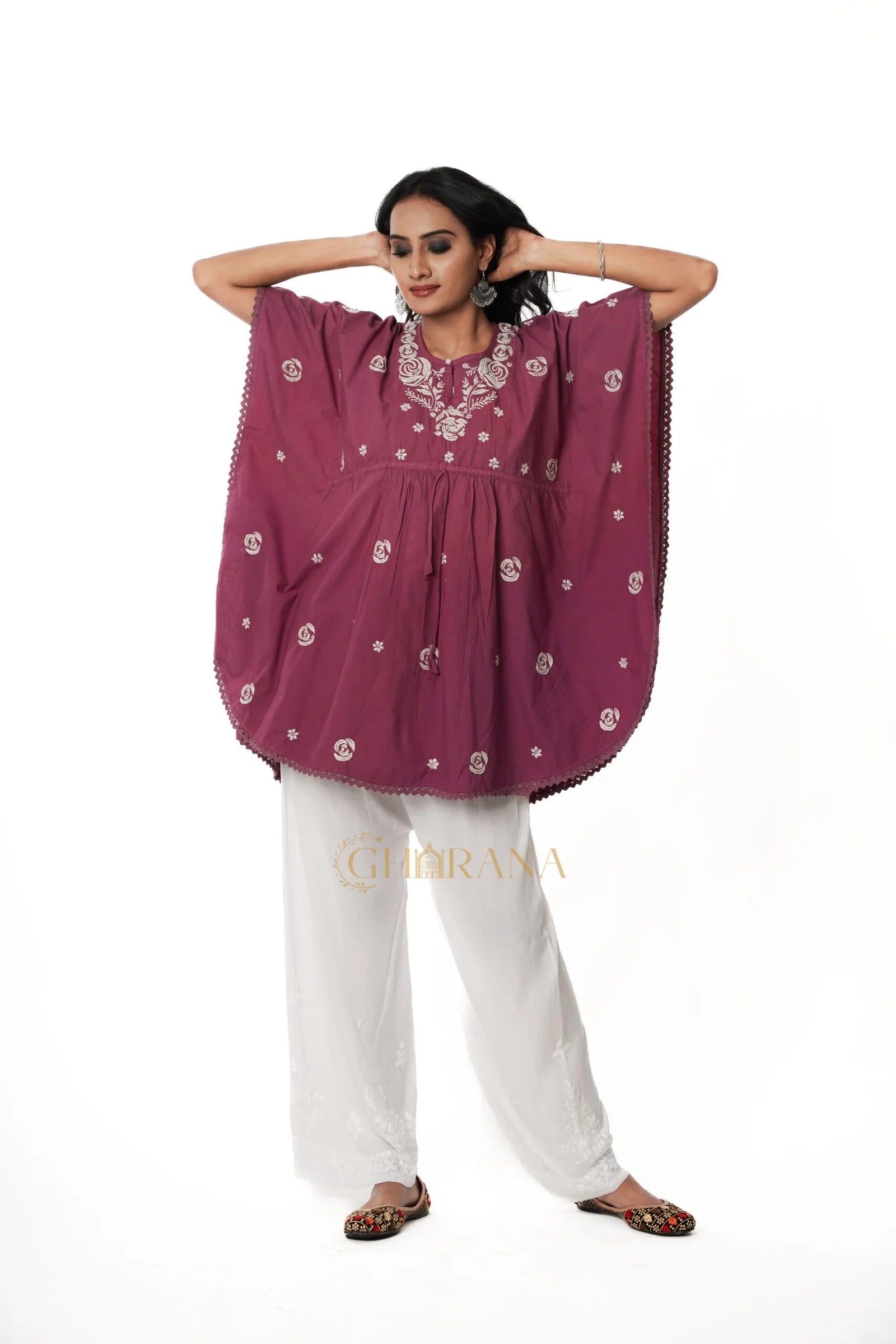 Cotton Chikankari Kaftan – Magenta
