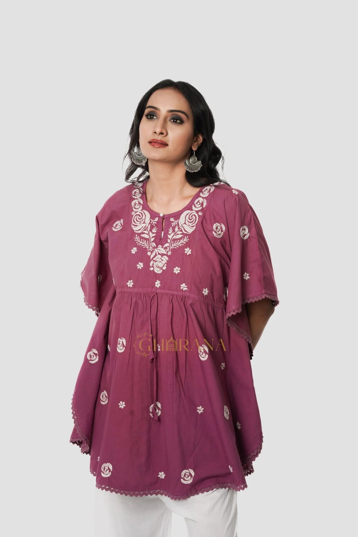 Cotton Chikankari Kaftan – Magenta