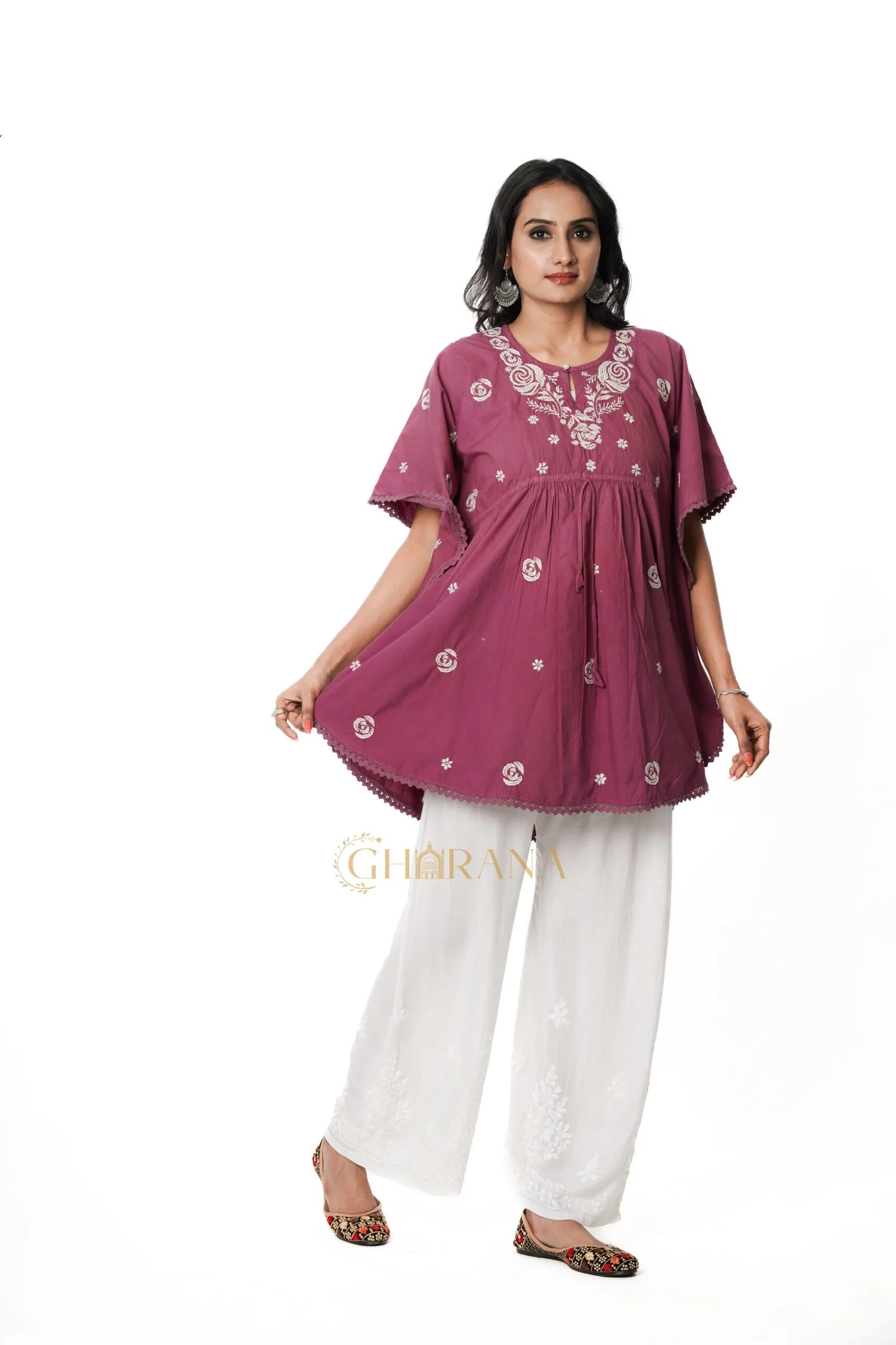 Cotton Chikankari Kaftan – Magenta