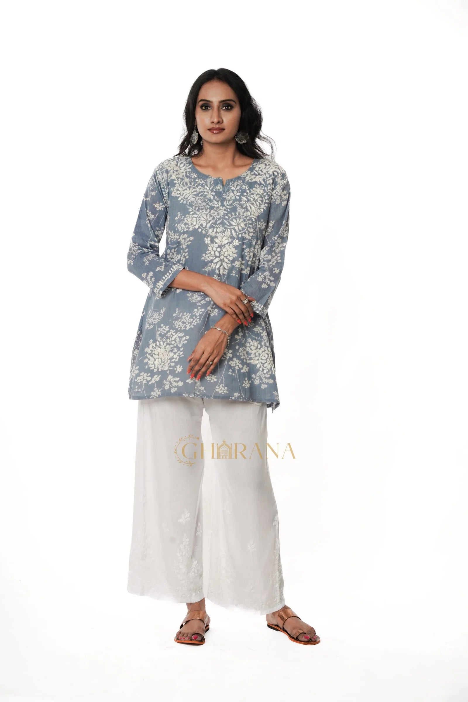 Eesha Chikankari Mulmul Printed Short Kurta