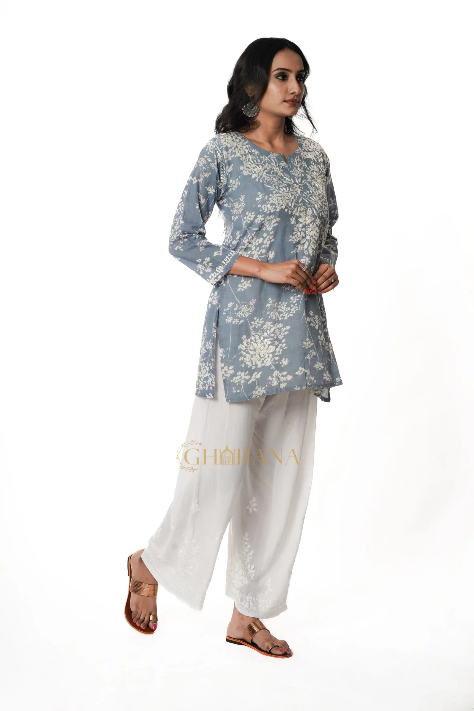 Eesha Chikankari Mulmul Printed Short Kurta