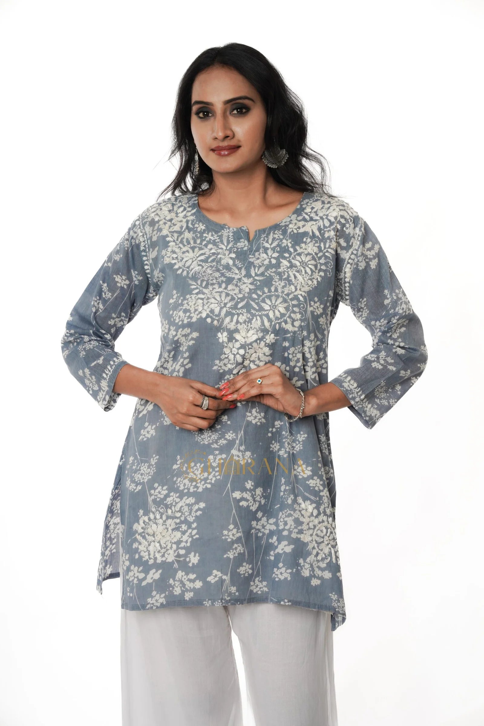 Eesha Chikankari Mulmul Printed Short Kurta