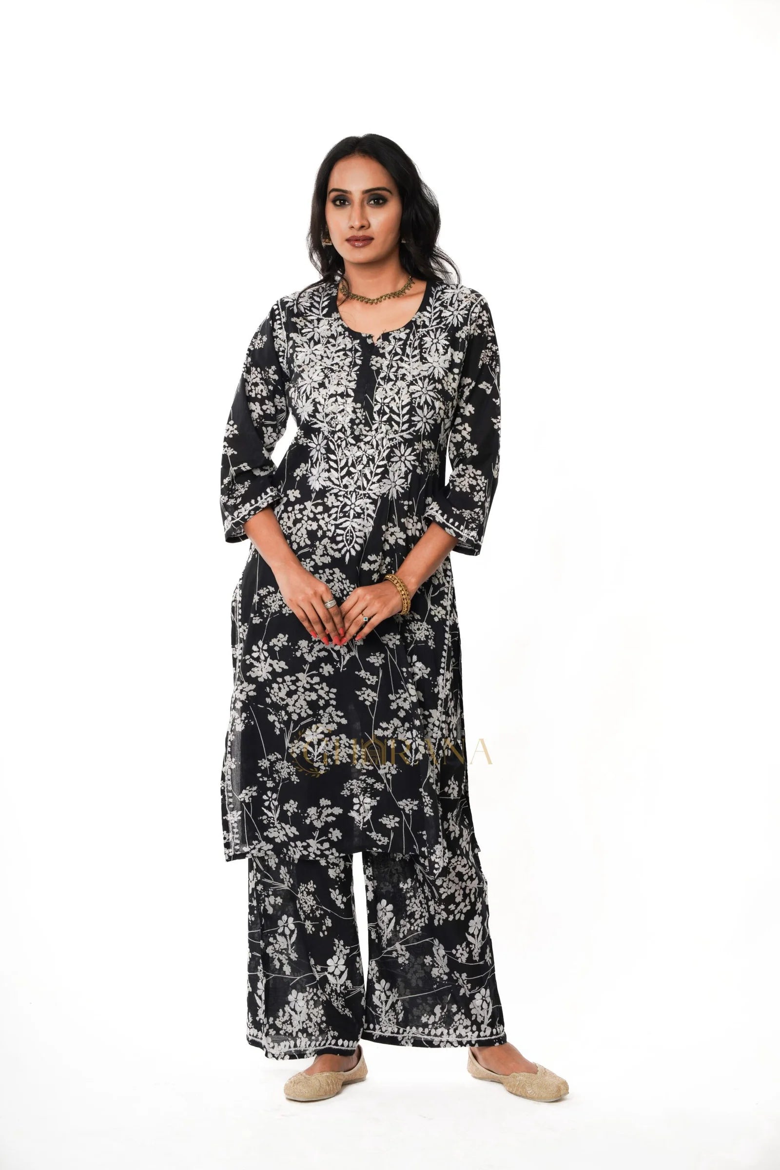 Mulmul Chikankari Printed Co ord Kurta Set – Black