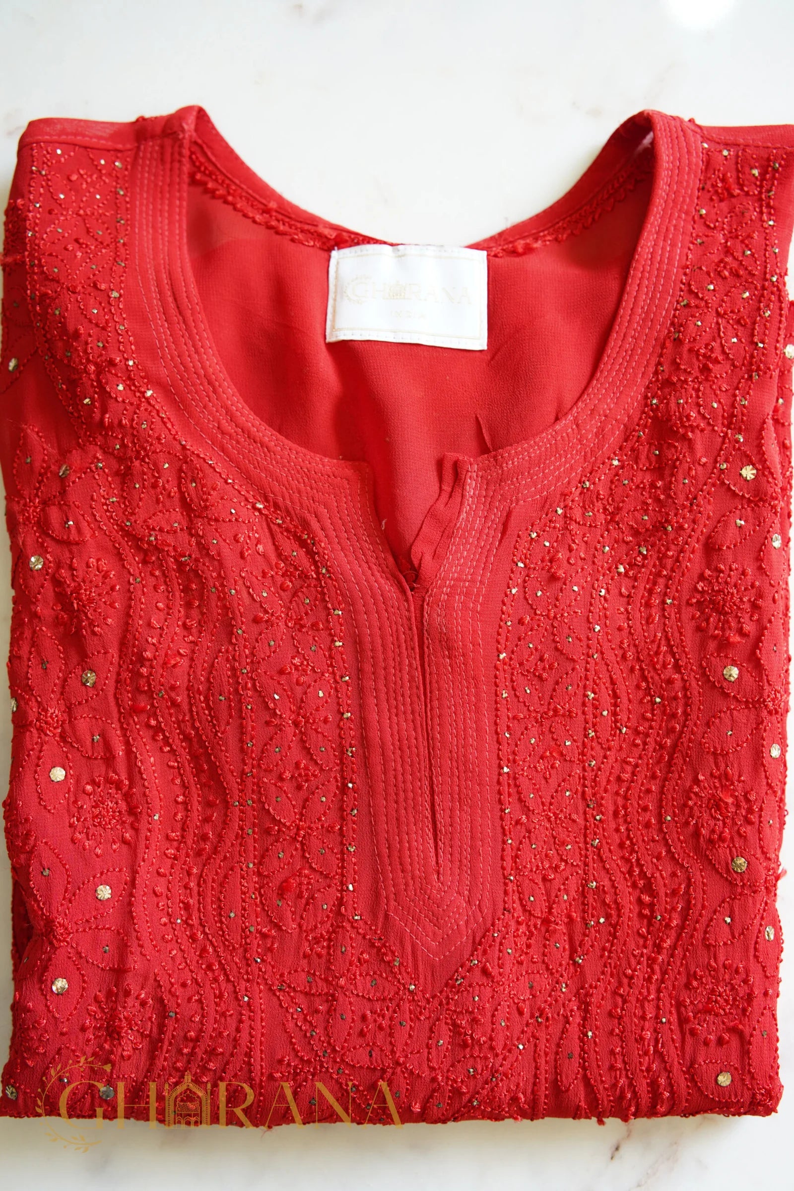 Ishq Georgette 4PC Chikankari Kurta Set with Resham Jaal and Mukaish work – Red