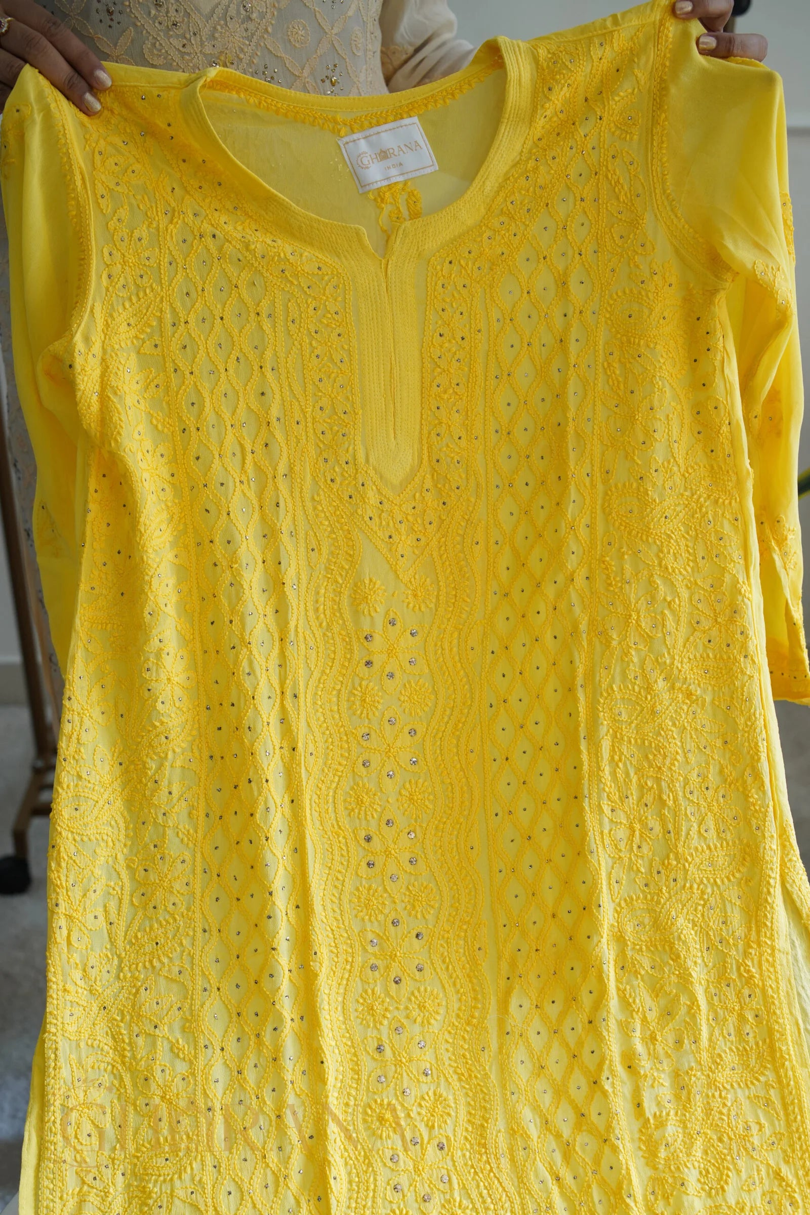 Ishq Georgette 4PC Chikankari Kurta Set in Resham Jaal and Mukaish work-Yellow