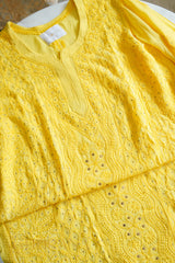 Ishq Georgette 4PC Chikankari Kurta Set in Resham Jaal and Mukaish work-Yellow