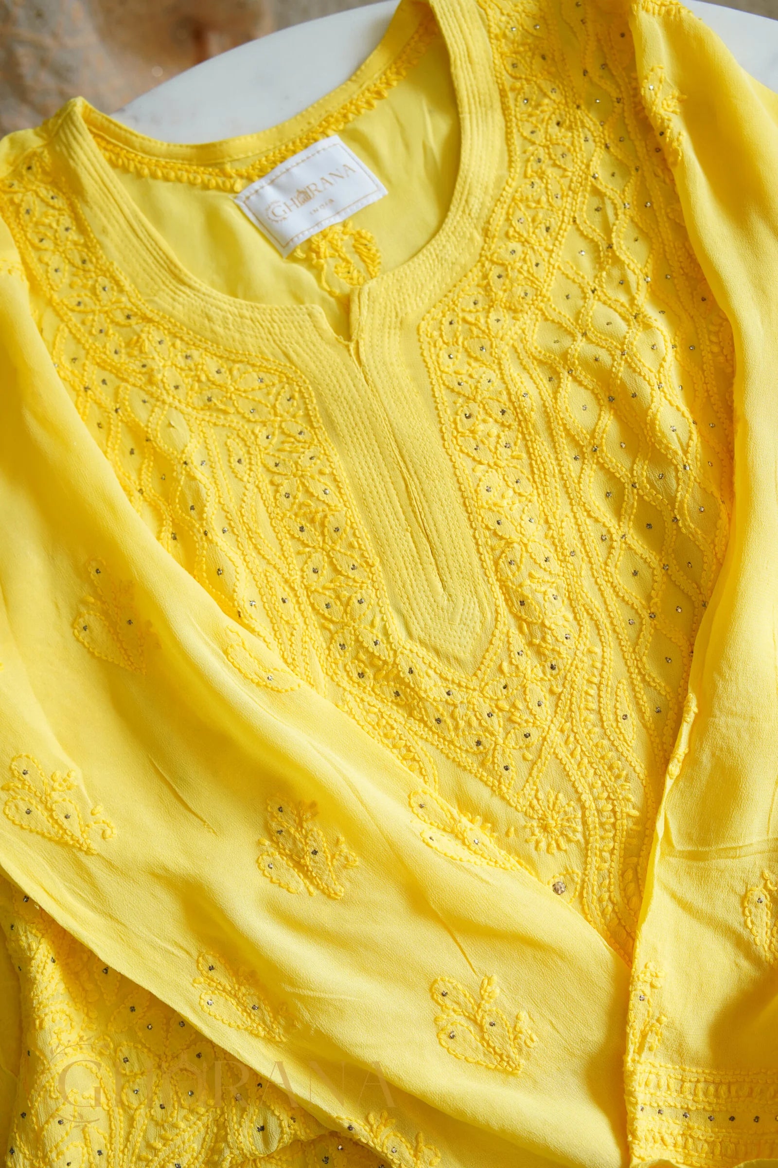 Ishq Georgette 4PC Chikankari Kurta Set in Resham Jaal and Mukaish work-Yellow