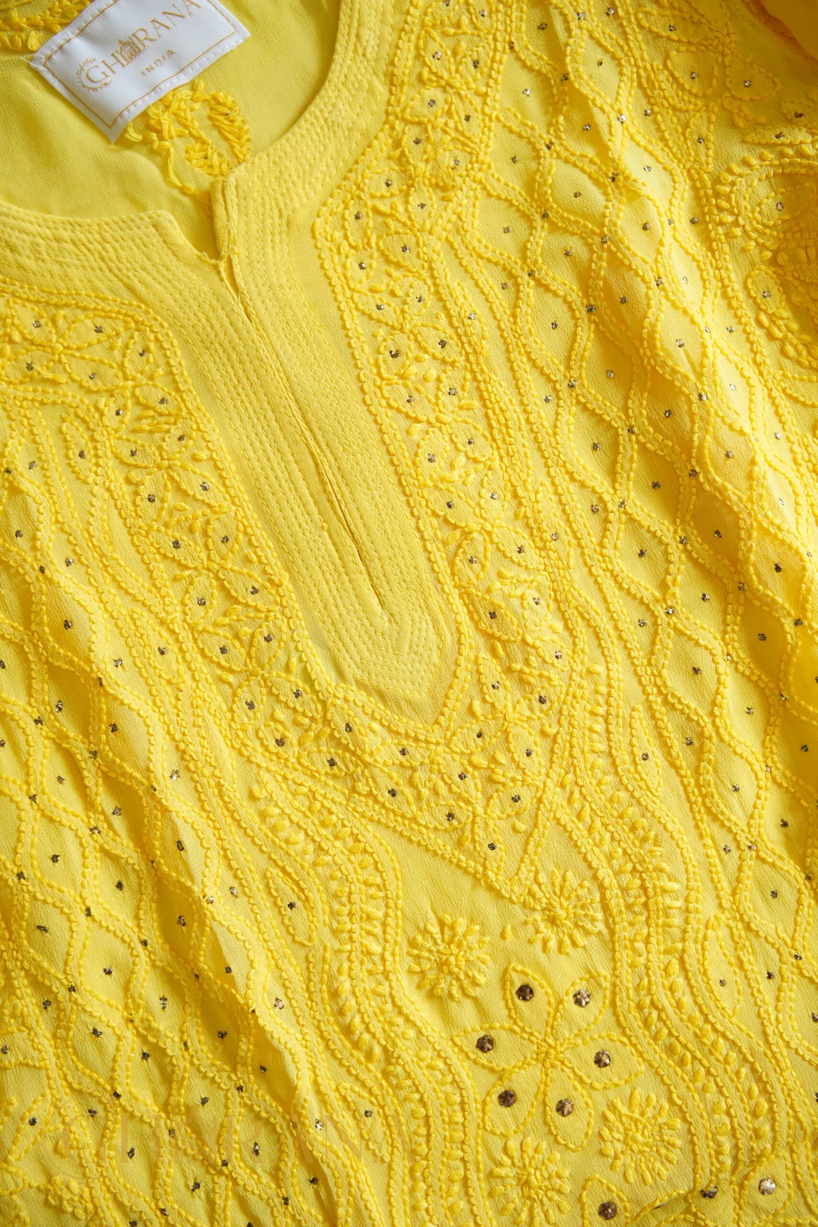Ishq Georgette 4PC Chikankari Kurta Set in Resham Jaal and Mukaish work-Yellow