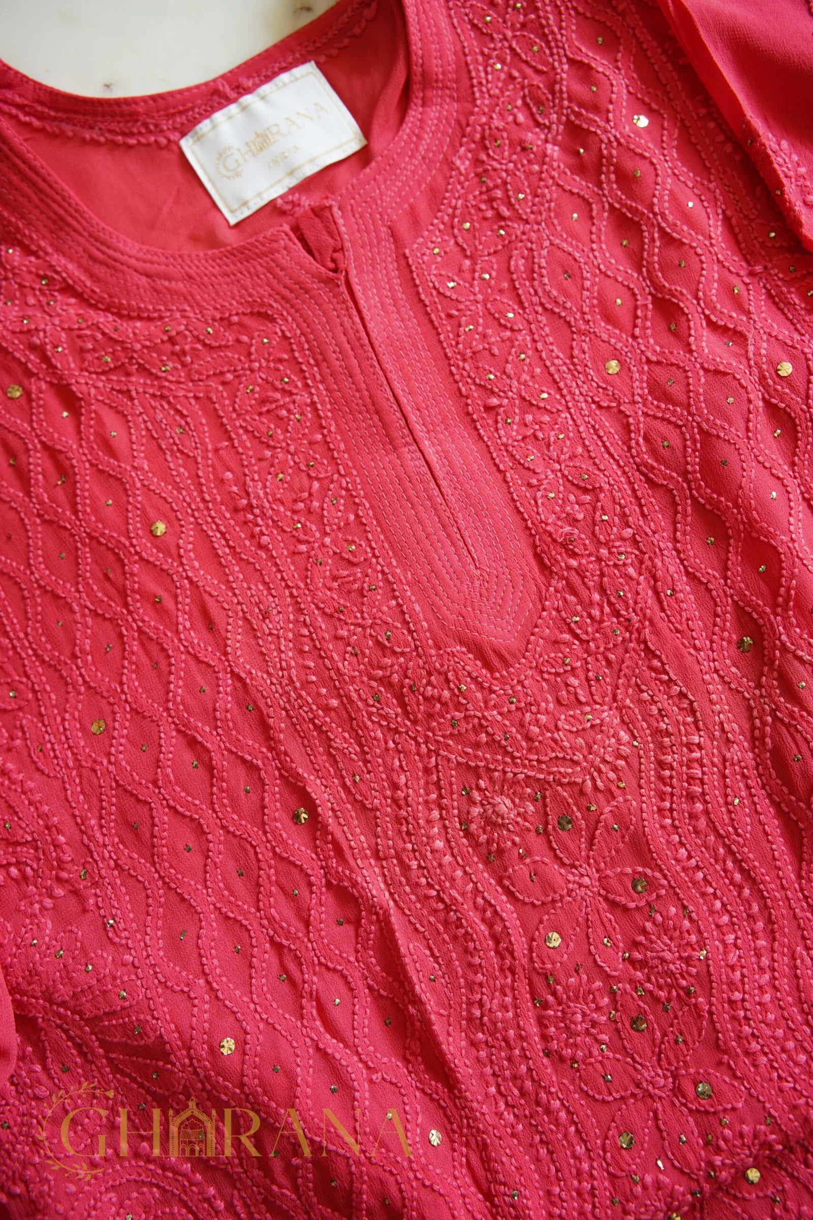 Ishq Georgette 4PC Chikankari Kurta set in Resham Jaal and Mukaish work-Pink