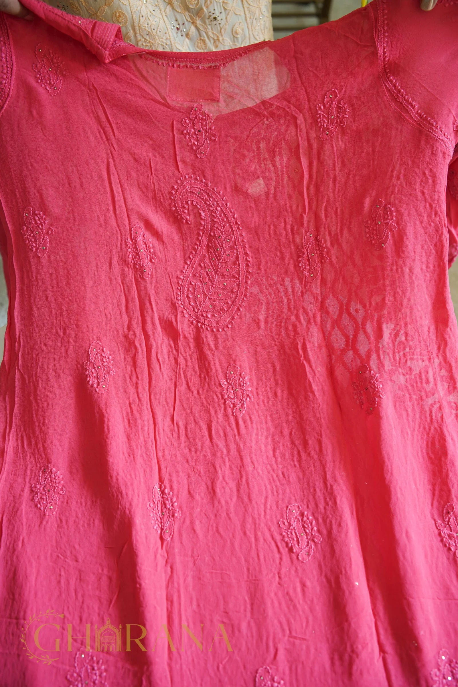 Ishq Georgette 4PC Chikankari Kurta set in Resham Jaal and Mukaish work-Pink